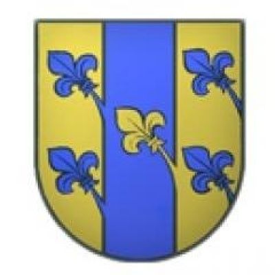 Ein Schild mit blauem und gelbem Feld, diagonal durch eine Linie geteilt. Auf der blauen Seite befinden sich drei blaue Lilien, und auf der gelben Seite drei gelbe Lilien.