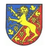 Ein heraldisches Wappen zeigt einen gelben Löwen auf einem blau-roten Schild, mit zusätzlichen Vögeln und Trauben.