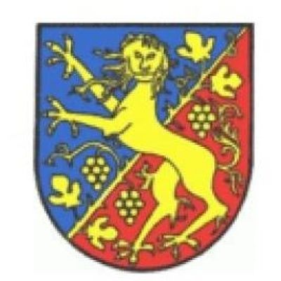 Ein heraldisches Wappen zeigt einen gelben Löwen auf einem blau-roten Schild, mit zusätzlichen Vögeln und Trauben.
