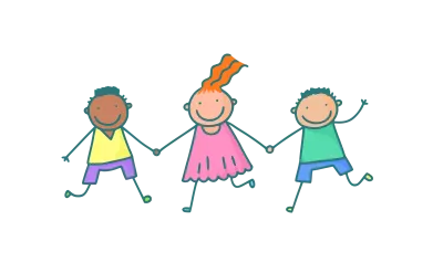 Drei Kinder halten Händchen und laufen in einer Reihe auf schwarzem Hintergrund. Der Junge links trägt ein gelbes Shirt, das Mädchen in der Mitte ein rosa Kleid und der Junge rechts ein grünes Shirt.