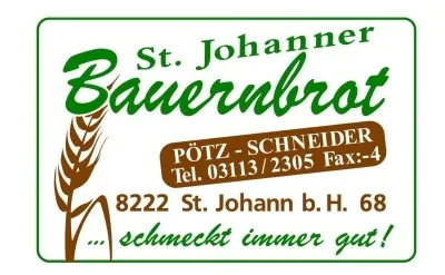 Das Etikett für St. Johanner Bauernbrot zeigt Weizen, Kontaktdaten und einen Slogan. Telefon: 03113/2305. Adresse: 8222 St. Johann b. H. 68. Slogan: Es schmeckt immer gut!