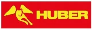 Ein rotes Banner zeigt das Wort 'HUBER' in fetter gelber Schrift. Über dem Wort befindet sich eine gelbe Silhouette eines laufenden Pferdes mit Flügeln.