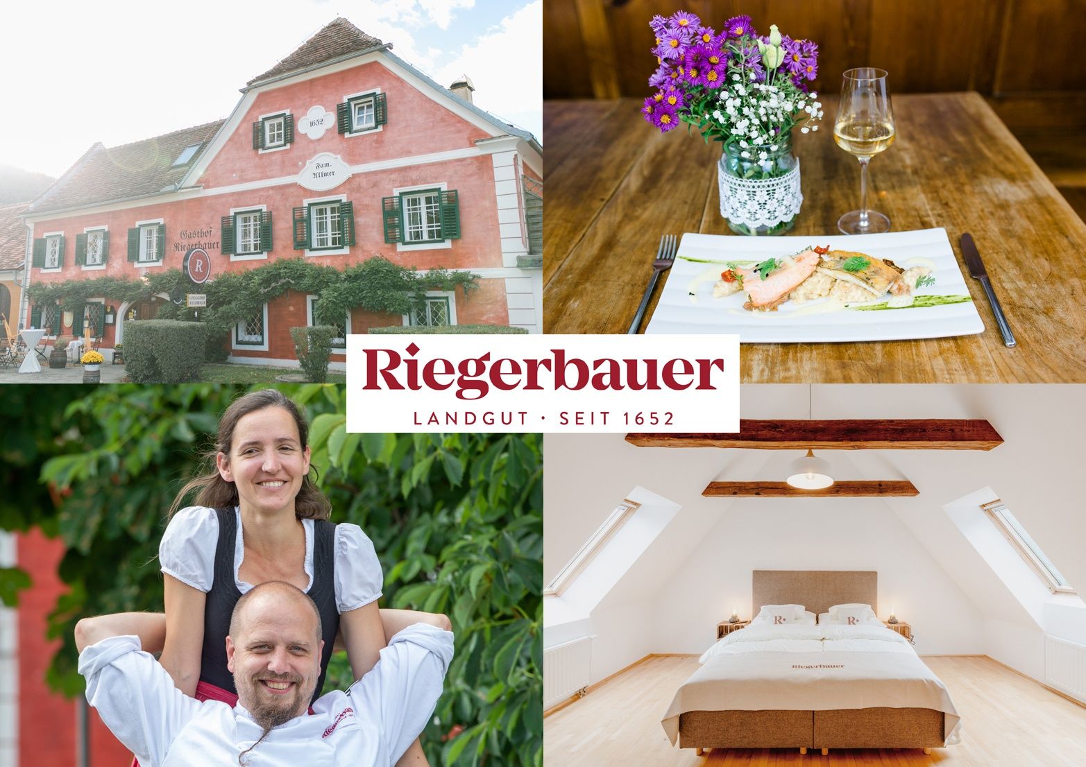 Eine Collage von Bildern: ein Paar, ein Restaurant, eine Mahlzeit und ein Schlafzimmer. Das Restaurant ist seit 1652 in Betrieb.