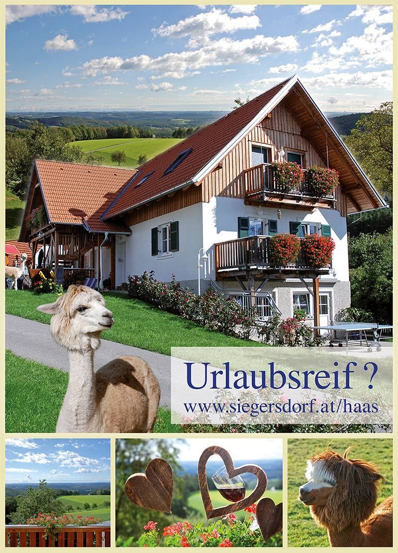 Ein gemütliches Haus mit rotem Dach und blumenreichen Balkonen. Ein Alpaka steht im Vordergrund. Das Schild 'Urlaubsreif?' mit einer Website darunter.