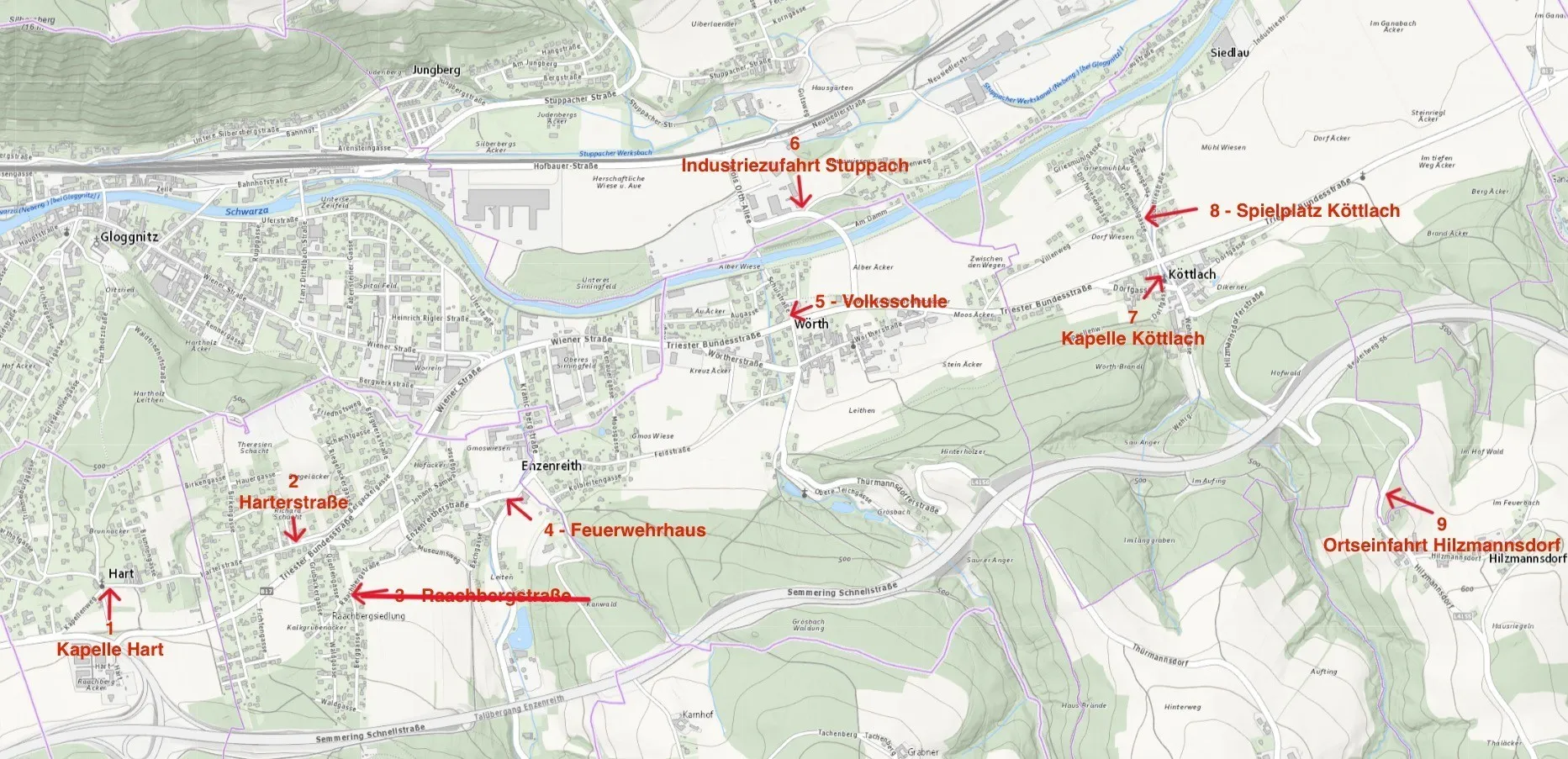 Eine Karte einer Stadt mit verschiedenen markierten Orten, einschließlich Industriegebiet Stoppbach, Spielplatz Kottlach und anderen.