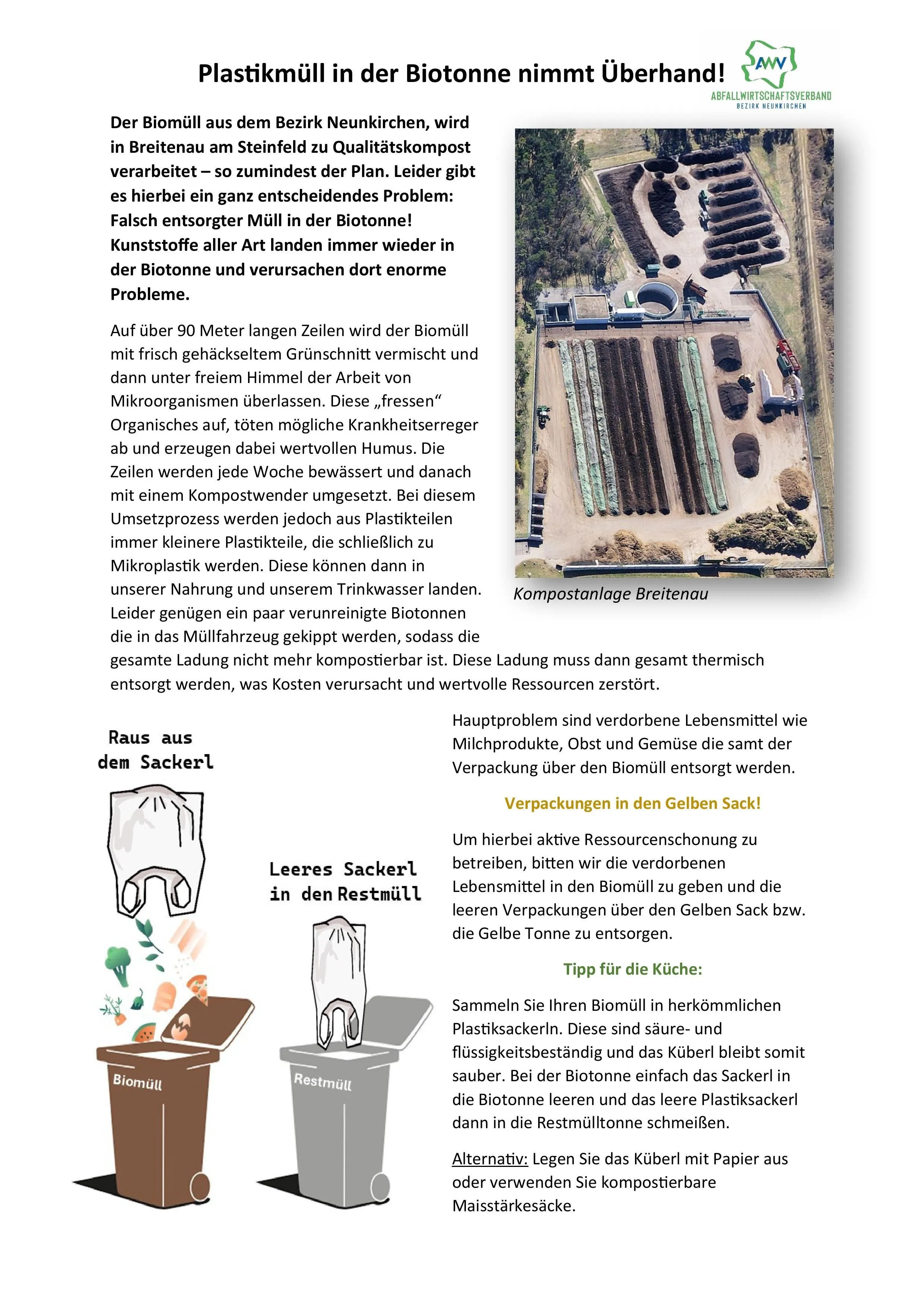 Luftaufnahme einer Kompostieranlage mit Reihen von Kompostierungshaufen. Das Hauptproblem sind verdorbene Lebensmittel wie Milchprodukte, Obst und Gemüse, die über den Biomüll entsorgt werden. Leere Verpackungen sind ebenfalls ein Problem. Sammeln Sie Ihren Biomüll in Ihrem eigenen Küchenkompostbehälter, um Sauberkeit zu gewährleisten und den Kompostbehälter sauber zu halten. Tipp für die Küche: Sammeln Sie Ihren Biomüll in der Küchenkomposttonne und lassen Sie die leere Plastiktüte in der Gelben Tonne.