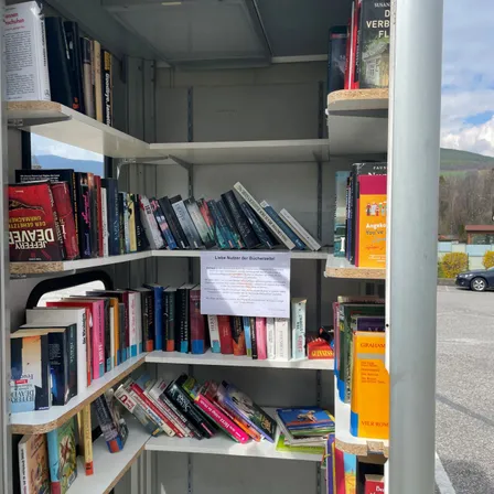 Eine mobile Bibliothek mit Büchern und einem Hinweisschild, das 'Caine Notar der Bucherwelt' lautet. Die Bibliothek ist mit verschiedenen Büchern gefüllt, darunter einige in deutscher Sprache. Im Hintergrund sieht man ein Auto und eine hügelige Landschaft.