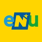 Das Bild zeigt das Logo von 'eNu'. Das Logo besteht aus den Farben Blau, Gelb und Grün. Das Wort 'eNu' ist in Blau und Gelb stilisiert, wobei der Buchstabe 'e' blau, 'N' gelb und 'u' grün ist. In der Mitte des gelben Bereichs befindet sich ein gelber Stern.