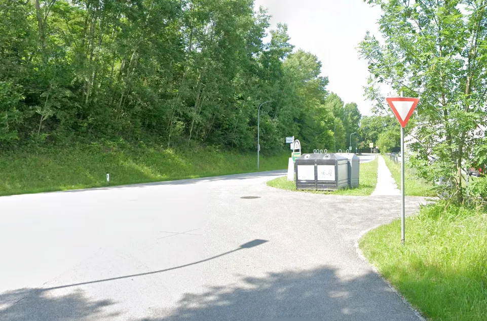 Eine leere Straße mit Bäumen auf beiden Seiten. Ein dreieckiges Schild steht rechts. Ein Mülleimer steht am Straßenrand. Eine Straßenlaterne steht am Straßenrand.