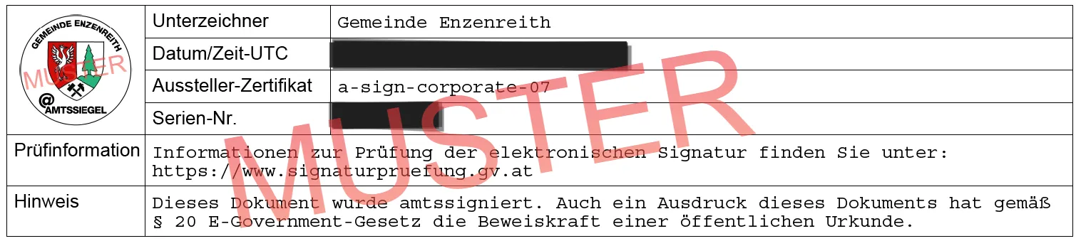 Dokument zur Überprüfung der elektronischen Signatur finden Sie unter www.signatureverification.gv.at. Zudem wurde eine Erklärung des Regierungsgesetzes zur Bestätigung der Beweiskraft eines öffentlichen Dokuments offiziell unterzeichnet.