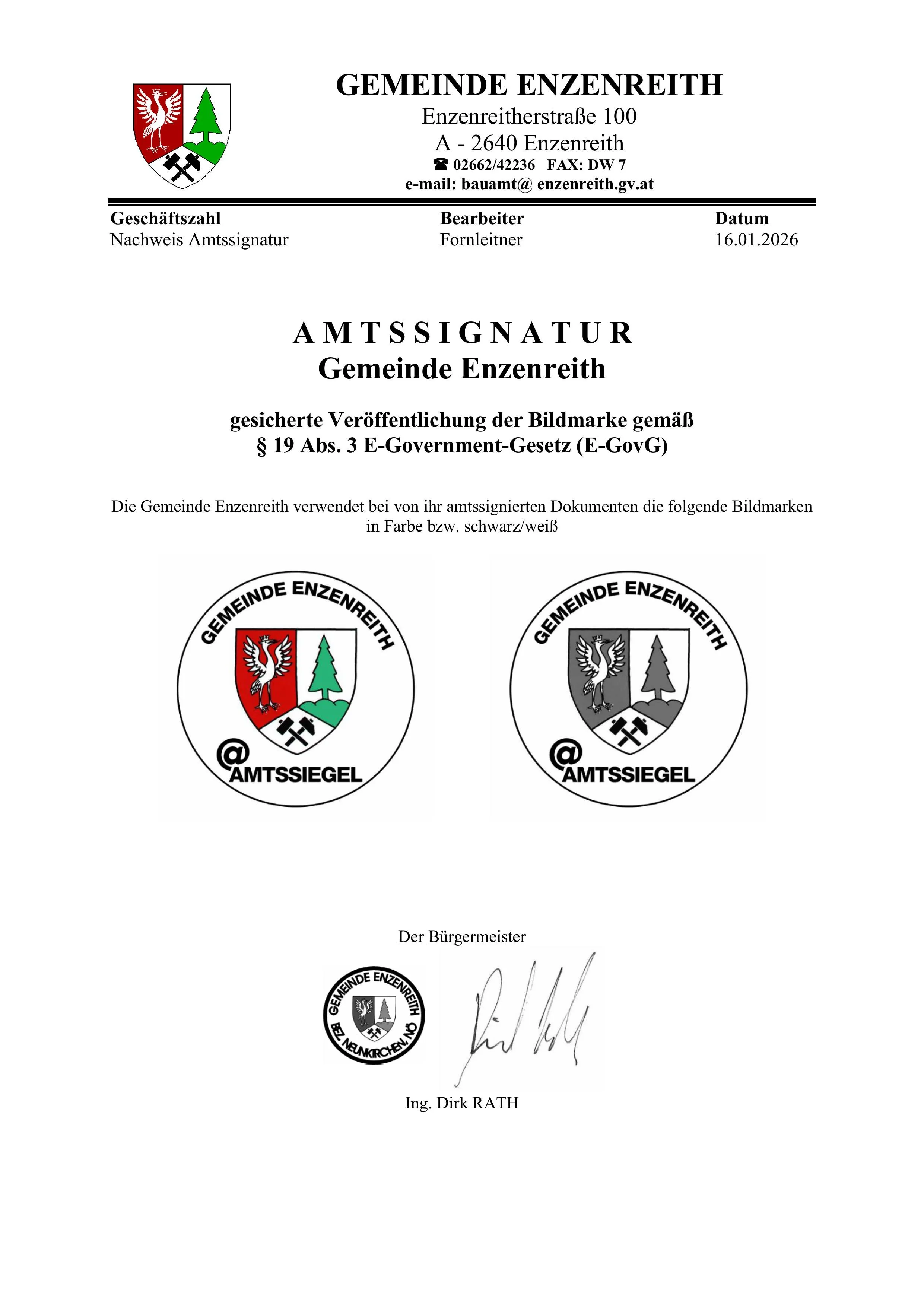 Das Dokument ist ein offizielles Siegel der Gemeinde Enzenberg, datiert auf den 16. Januar 2026. Es enthält das Gemeindewappen, den Namen Enzenberg und die Unterschrift des Gemeindebeamten Dirk Rath.