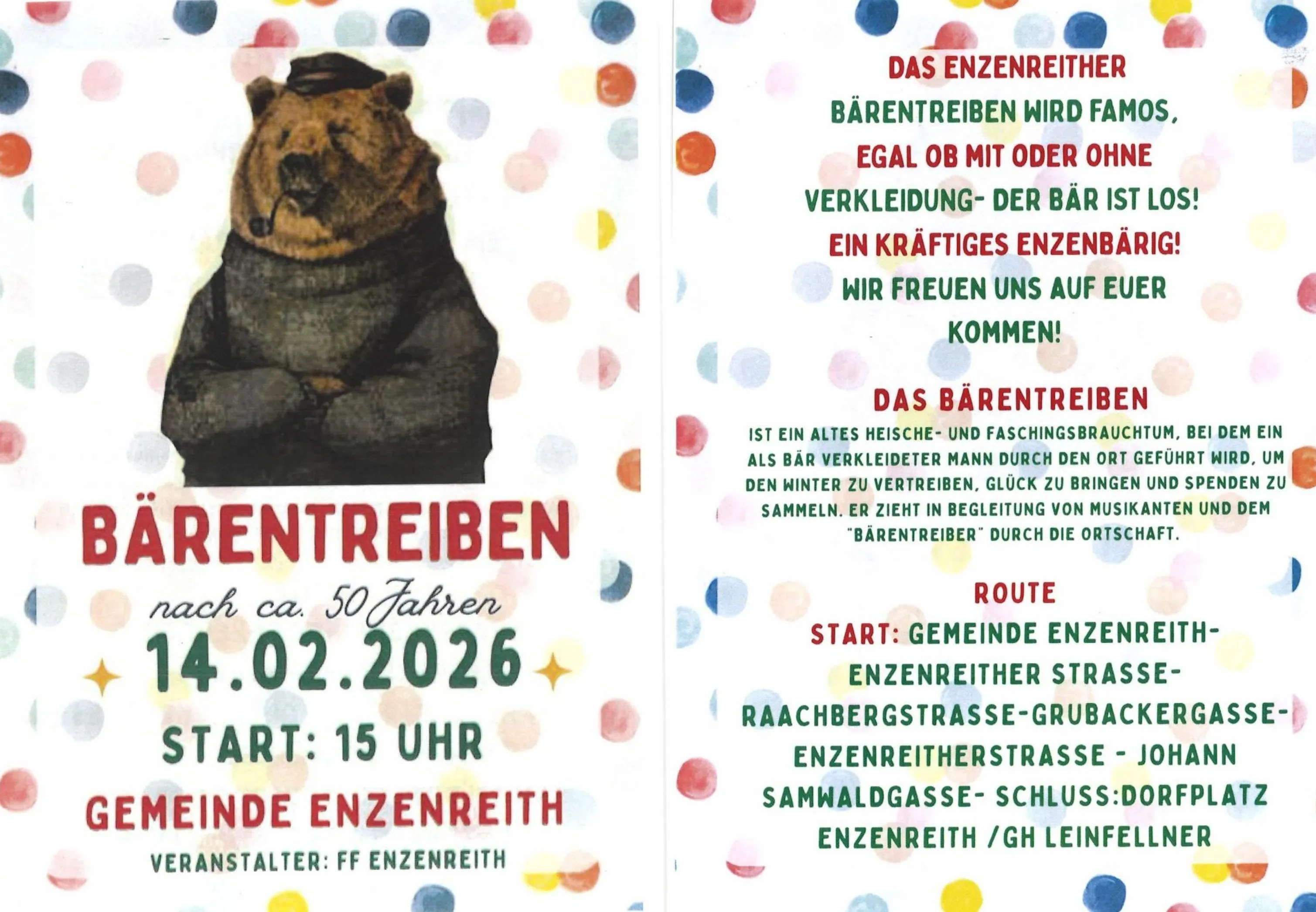 Das Plakat zeigt einen Bären mit Hut und Pfeife. Der Text lautet 'Bärenreiten wird gleich sein, ob mit oder ohne Kleidung.' Die Veranstaltung ist für den 4. Februar 2026 um 15 Uhr geplant.