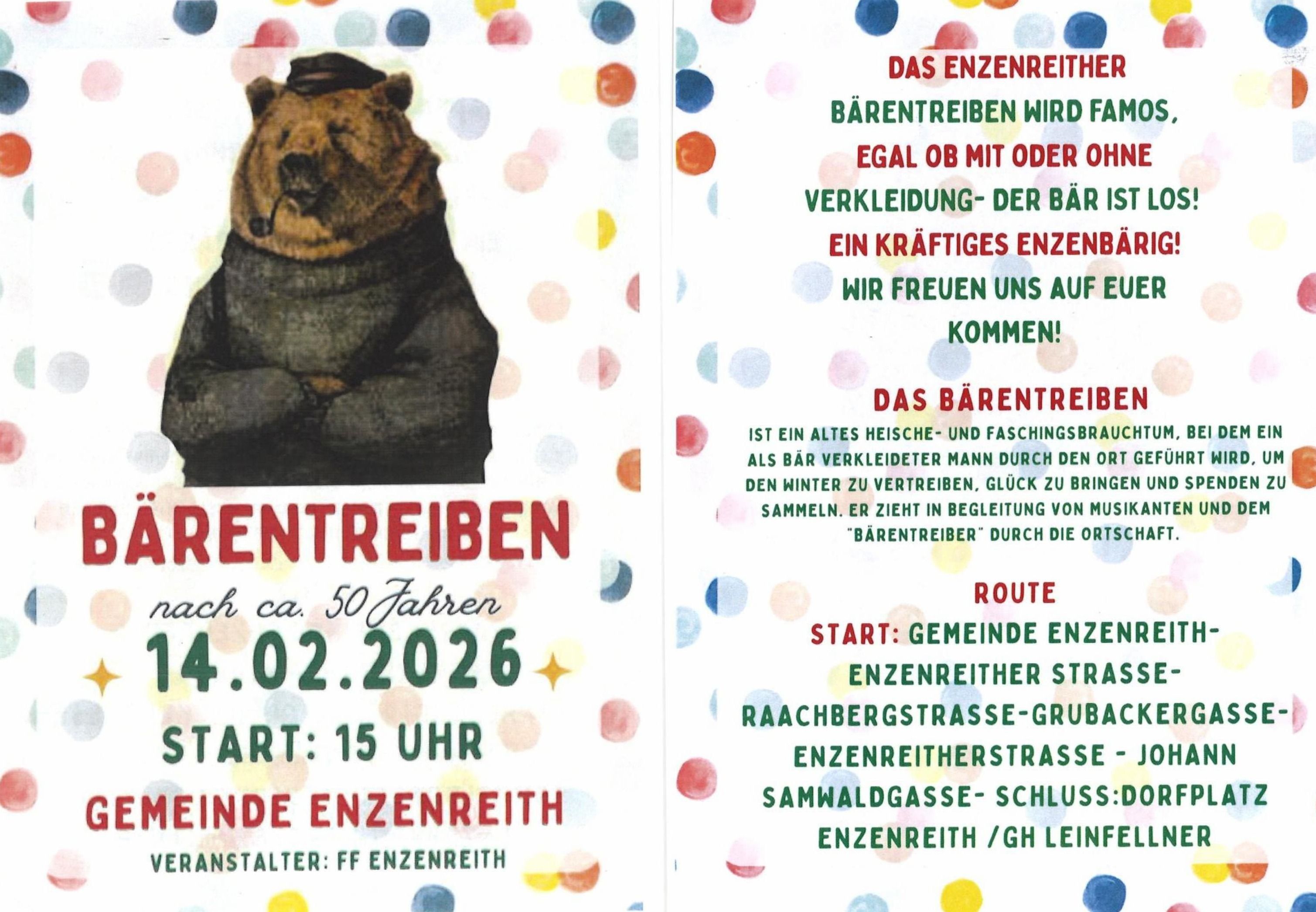 Das Plakat zeigt einen Bären mit Hut und Pfeife. Der Text lautet 'Bärenreiten wird gleich sein, ob mit oder ohne Kleidung.' Die Veranstaltung ist für den 4. Februar 2026 um 15 Uhr geplant.