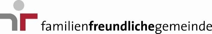 Ein Logo mit dem Text 'familienfreundlichegemeinde' in Schwarz, mit einem roten Quadrat und einem grauen Kreis auf der linken Seite.