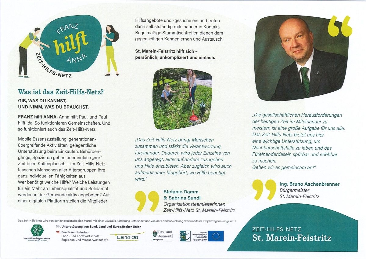 Ein Flyer, der das Zeit-Hilfs-Netz, ein Gemeinschaftshilfsnetzwerk, bewirbt, zeigt ein Bild einer Person, die einer anderen hilft, und ein Testimonial vom Bürgermeister von St. Marien-Feistritz. Der Text betont die Einfachheit des Netzwerks und den Wert der Gemeinschaftshilfe.