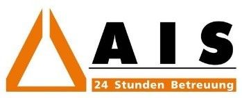 Das Logo zeigt den Schriftzug 'AIS' in fetten schwarzen Buchstaben mit einem gelben Dreieck darüber und darunter den Satz '24 Stunden Betreuung'.