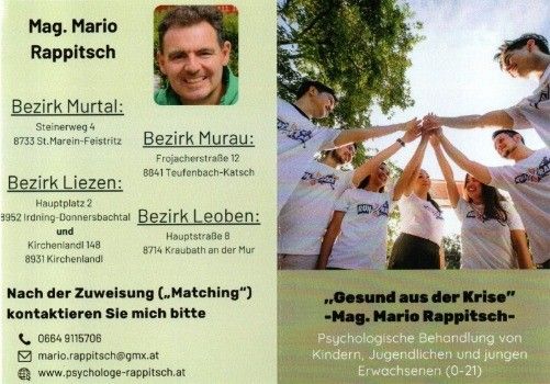 Ein Flyer für den Psychologen Mag. Mario Rappitsch mit Kontaktdaten und Standorten. Ein Foto von ihm und einer Gruppe von Menschen. Der Text ist teilweise auf Deutsch.