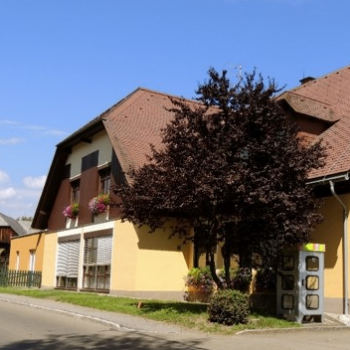 Ein gelbes Haus mit braunem Dach, einem Baum und einem grauen Kasten nahe der Straße. Das Haus hat Blumen in Fensterkästen und einen Zaun.