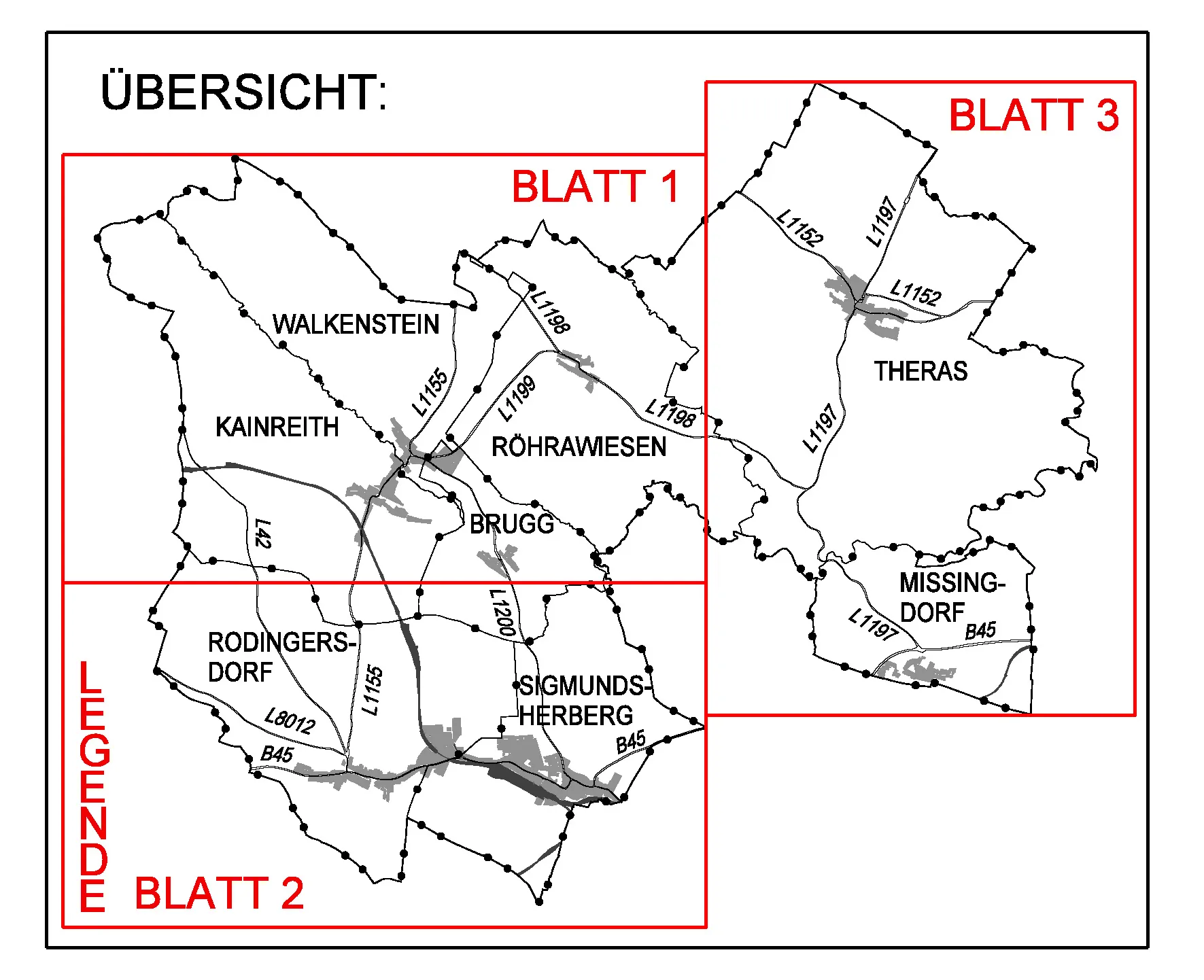 Eine Karte mit zwei Blättern ist mit 'Blatt 1' und 'Blatt 2' beschriftet. Markierte Orte sind Walkenstein, Kainreith, Theras, Missing-dorf und Bruegg. Straßen und Autobahnen sind durch Linien gekennzeichnet.
