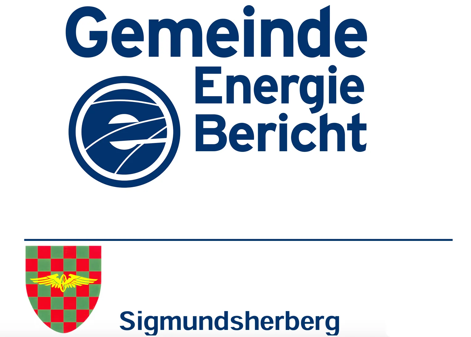 Das Bild zeigt das Logo von Gemeinde Energie Bericht mit einem stilisierten 'e'-Symbol. Unten steht der Name 'Gemeinde Energie Bericht' in Fettdruck. Der untere Teil zeigt ein kariertes Muster und den Namen 'Sigmundsherberg.'