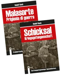 Zwei Buchcover sind abgebildet. Der linke Cover ist mit 'Malasorte Prigioni di Guerra' betitelt und zeigt ein Schwarz-Weiß-Bild einer Nähmaschine. Der rechte Cover ist mit 'Schicksal Kriegsgefangenschaft' betitelt und zeigt einen sitzenden Mann in Militäruniform beim Nähen.
