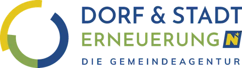 Das Bild zeigt die Wörter Dorf & Erneuerung auf schwarzem Hintergrund. Darunter steht der Satz Die Gemeinde, ebenfalls in Blau.