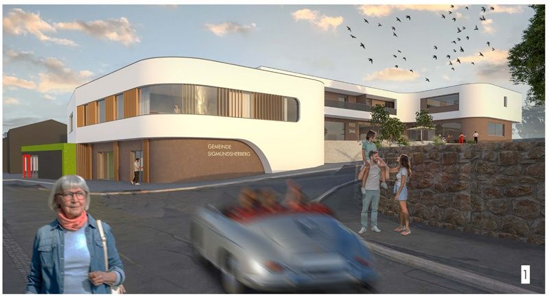 Eine architektonische Darstellung eines modernen Gebäudes zeigt Menschen, die gehen, und ein Auto, das auf einer Straße fährt. Eine Frau steht vor dem Gebäude.