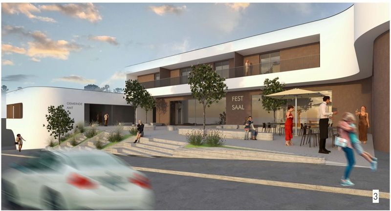 Eine künstlerische Darstellung eines modernen Gebäudes mit Menschen, die auf dem Bürgersteig gehen, und einem vorbeifahrenden Auto.