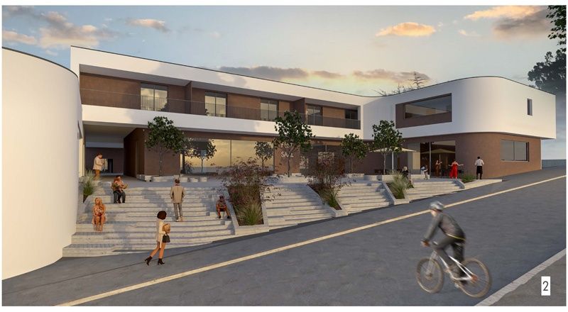 Eine konzeptionelle Darstellung eines modernen Gebäudes mit Glasfenstern und Balkonen. Einige Personen sind auf den Stufen. Ein Radfahrer fährt auf der Straße.