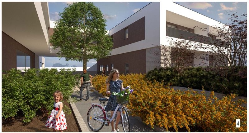 Eine 3D-Darstellung einer Wohngegend mit einem kleinen Mädchen, das ein Fahrrad mit Blumen fährt, und einem Kleinkind, das neben ihr geht.