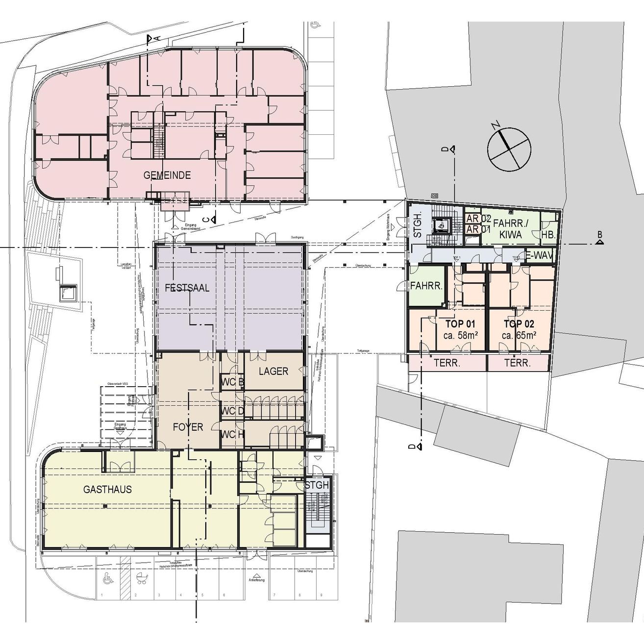Der architektonische Plan zeigt ein dreistöckiges Gebäudelayout mit beschrifteten Räumen wie 'GEMEINDE', 'FESTSAAL' und 'GASTHAUS'. Das oberste Stockwerk hat 'AR02', 'FAHRR' und 'TOP 01'. Das mittlere Stockwerk enthält 'Lager' und 'WC'. Das Erdgeschoss umfasst 'TER' und 'STG'. Abmessungen und Raumflächen sind angegeben.