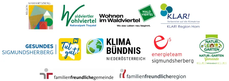 Eine Sammlung von Logos verschiedener Organisationen, darunter MANHARTSERG, aldivertler ohnliviertel, KLIMA BÜNDNIS und energieteam sigmundsherberg. Enthalten sind auch Logos von Wald Viertel, KLAR! Region Horn, Gesundes Sigmundsherberg, Natur-Garten und familienfreundlichegemeinde.