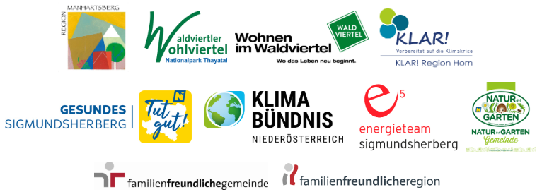 Eine Sammlung von Logos verschiedener Organisationen, darunter MANHARTSERG, aldivertler ohnliviertel, KLIMA BÜNDNIS und energieteam sigmundsherberg. Enthalten sind auch Logos von Wald Viertel, KLAR! Region Horn, Gesundes Sigmundsherberg, Natur-Garten und familienfreundlichegemeinde.