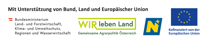 Das Logo zeigt 'Land und Europäische'. Darunter steht 'WIR leben Land' mit einer gelben Linie, die die Buchstaben verbindet. Darunter steht 'Gemeinsame Agrarpolitik Österreich'.