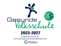 Plakat für die Gesunde Volksschule in Niederösterreich, 2023-2027, zertifiziert durch den Servicepunkt Gesunde Schule Niederösterreich.