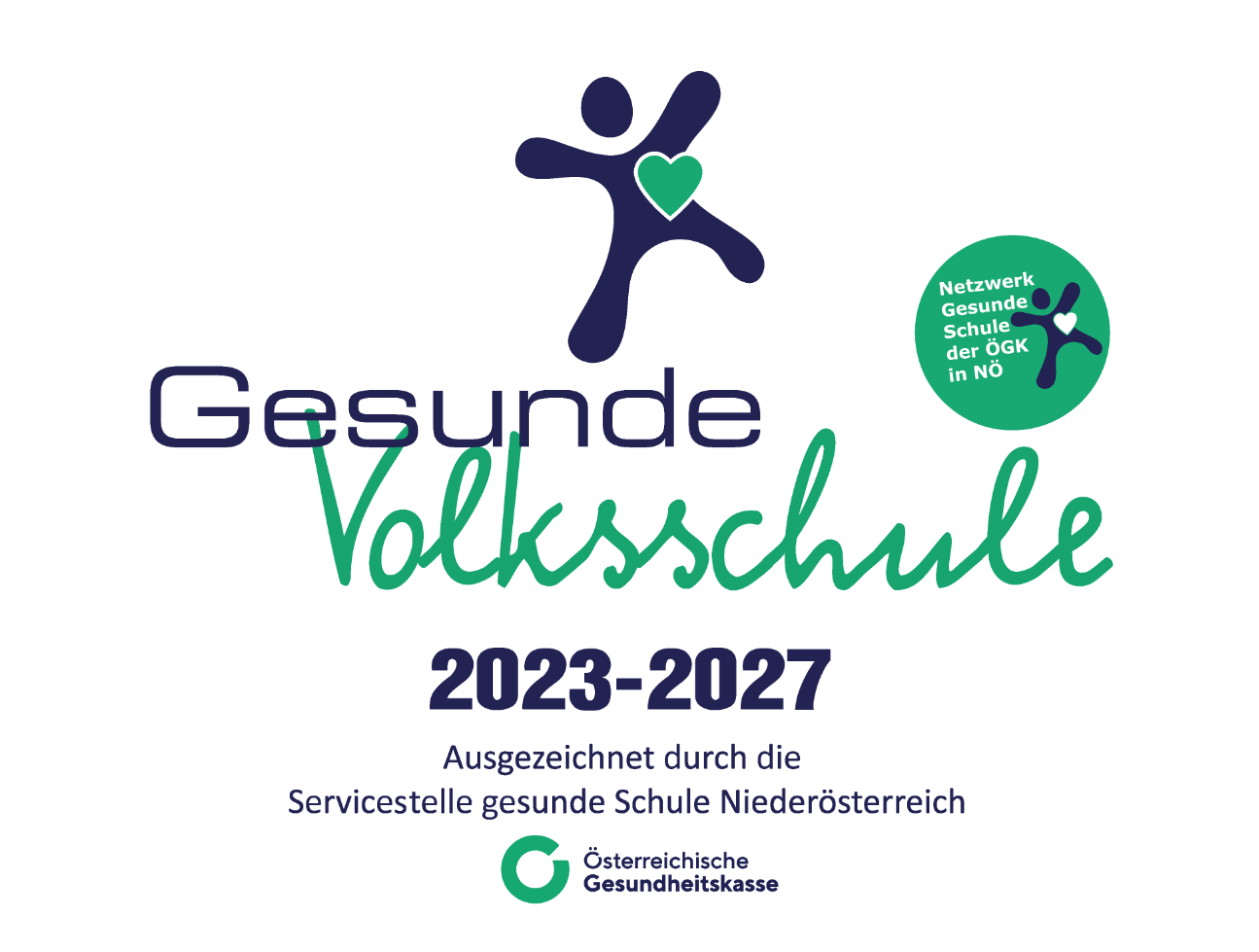 Plakat für Gesunde Schulen in Niederösterreich, 2023-2027, mit Herzlogo und Personensymbol. Zertifiziert durch den Servicepunkt Gesunde Schule Niederösterreich.