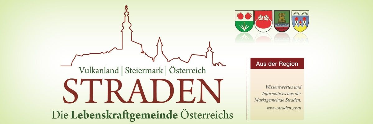 Ein Werbebild für Straden, eine Gemeinde in Österreich, mit einer stilisierten Skyline, regionalen Wappen und dem Text 'Vulkanland | Steiermark | Osterreich'.