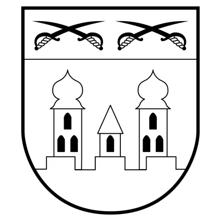 Ein heraldischer Schild mit drei Türmen, zwei größeren mit Kuppeldächern und einem kleineren dazwischen, alle mit Bogenfenstern. Über dem Schild befinden sich zwei gekreuzte Schwerter.