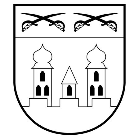 Ein heraldischer Schild mit drei Türmen, zwei größeren mit Kuppeldächern und einem kleineren dazwischen, alle mit Bogenfenstern. Über dem Schild befinden sich zwei gekreuzte Schwerter.