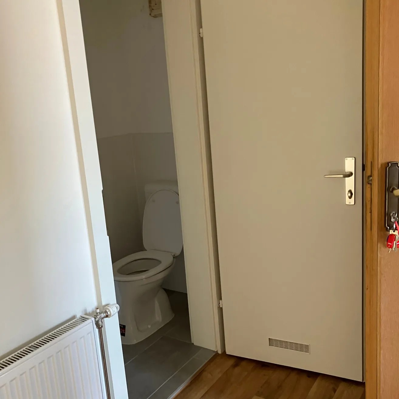Ein kleines Badezimmer mit einer weißen Toilette und einem weißen Heizkörper auf der linken Seite. Die Badezimmertür ist offen und zeigt einen Holzboden.