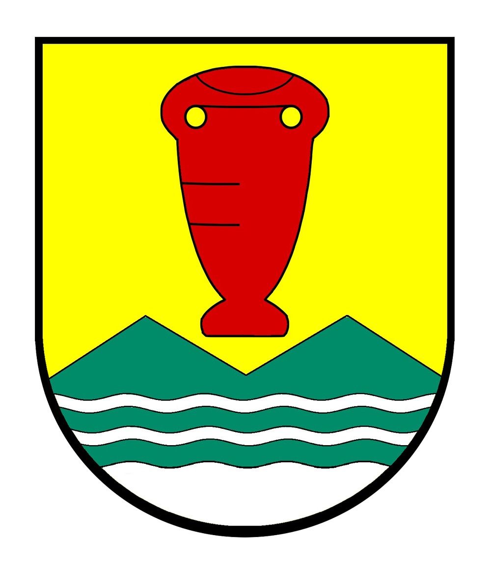 Ein heraldischer Schild mit gelbem Hintergrund, einem roten vaseartigen Objekt oben und einem grünen Bergrücken mit wellenförmigen weißen Linien unten.