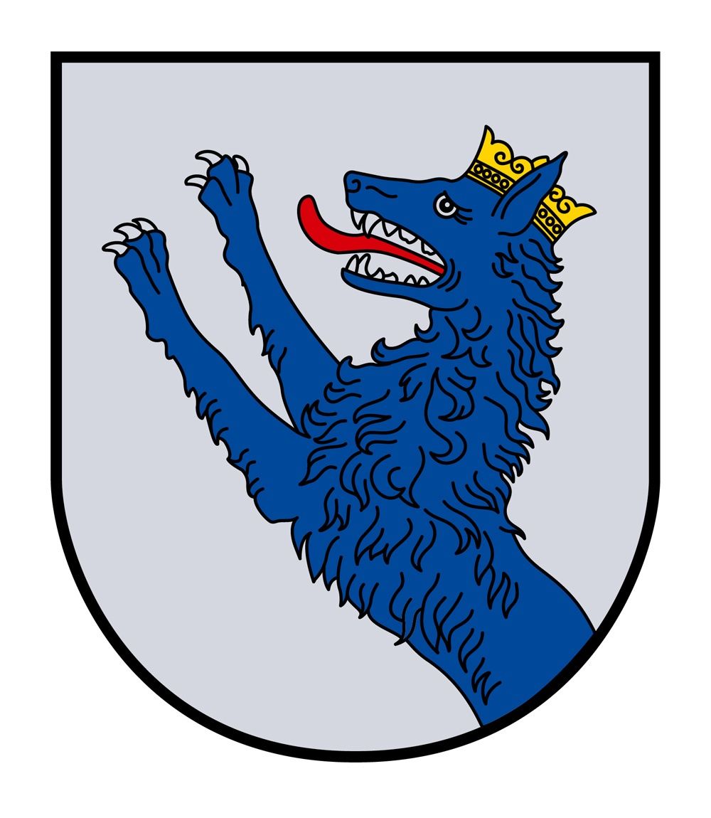 Ein blauer Löwe mit goldener Krone steht auf zwei Beinen, mit roter Zunge, in einem Wappenschild.