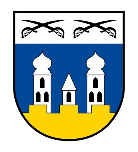 Ein heraldischer Schild mit einem blauen oberen und einem gelben unteren Abschnitt. Über dem Schild sind zwei gekreuzte Schwerter und darunter drei Türme abgebildet. Die Türme sind weiß mit schwarzen Fenstern.
