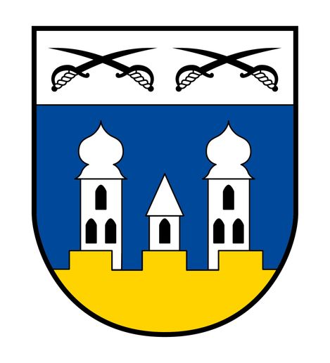 Ein heraldischer Schild mit einem blauen oberen und einem gelben unteren Abschnitt. Über dem Schild sind zwei gekreuzte Schwerter und darunter drei Türme abgebildet. Die Türme sind weiß mit schwarzen Fenstern.