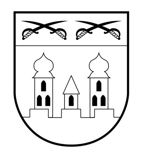 Ein schwarz-weißes heraldisches Wappenschild mit zwei Türmen mit Kuppeldächern, einem kleineren Gebäude dazwischen und gekreuzten Schwertern darüber.