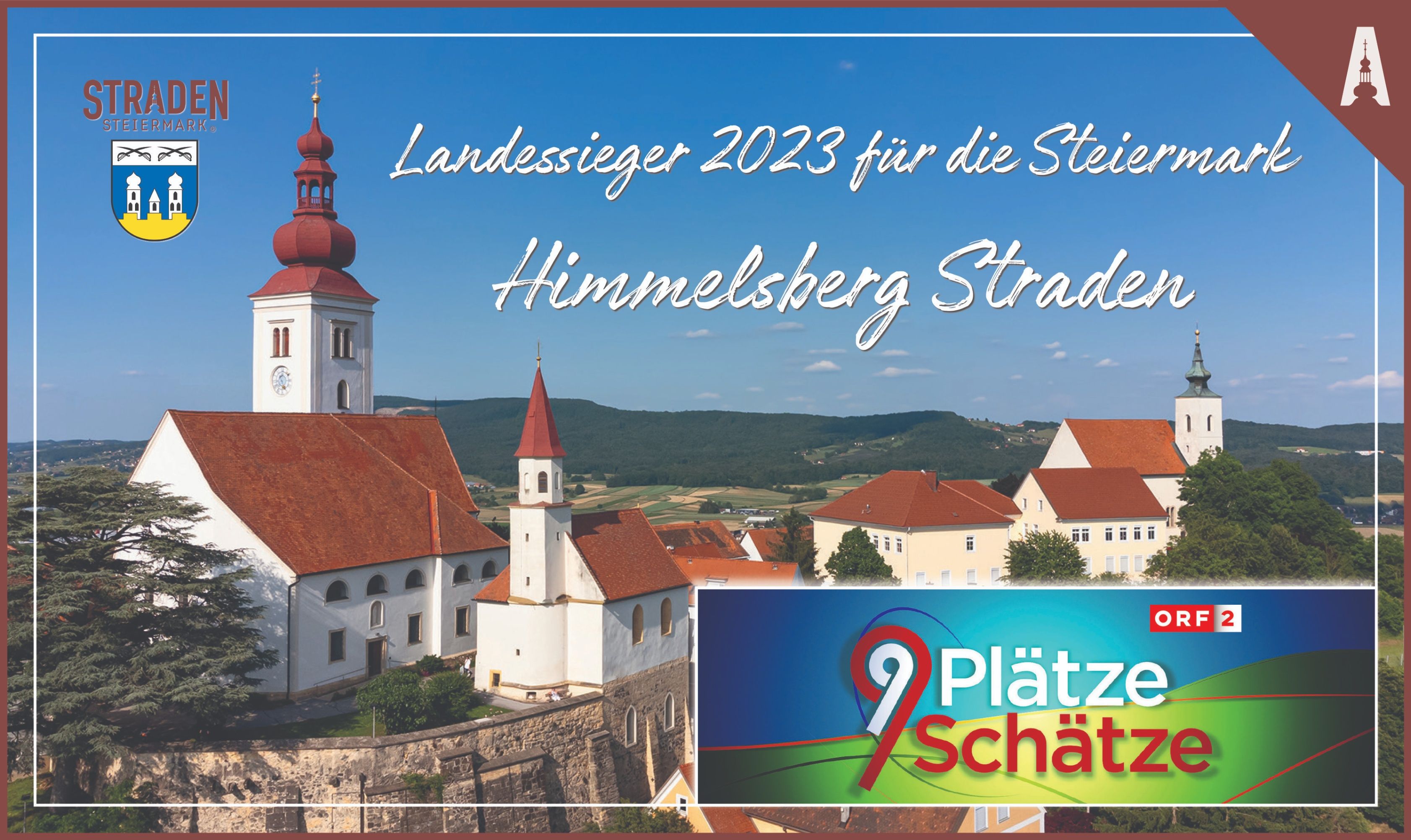 Plakat für den Landessieger 2023 für die Himmelsberg Strad mit einer Kirche mit roten Kuppeln und einer malerischen Aussicht auf die Landschaft.