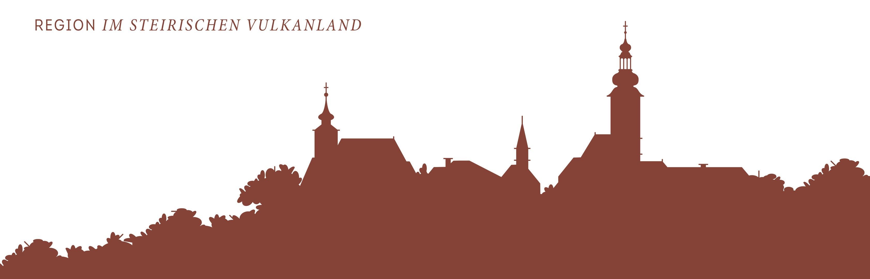 Eine Silhouette einer Stadtsilhouette mit mehreren Gebäuden und Türmen, von denen einer ein Kreuz auf der Spitze hat. Das Wort 'ANLAND' ist in Großbuchstaben oben geschrieben.