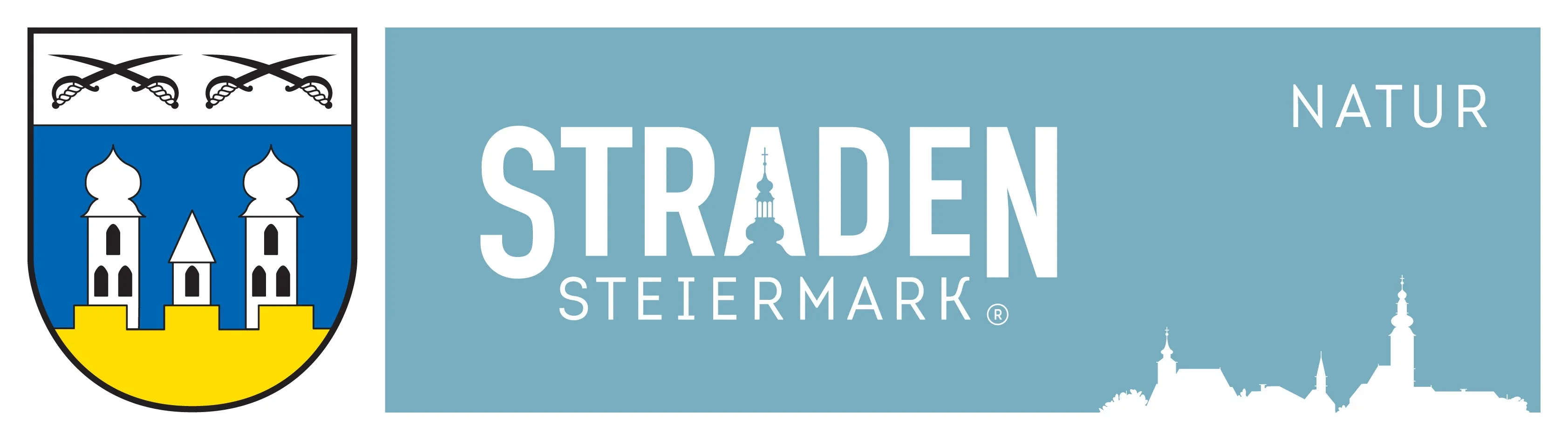 Das TRADE STEIERMARK Logo zeigt einen stilisierten Kirchturm mit einem Kreuz oben, vor einem blauen Hintergrund. Der Text 'TRADE' ist in fetten weißen Buchstaben, während 'STEIERMARK' in kleineren weißen Buchstaben darunter steht. Ein eingetragenes Warenzeichen-Symbol ist am Ende zu sehen.