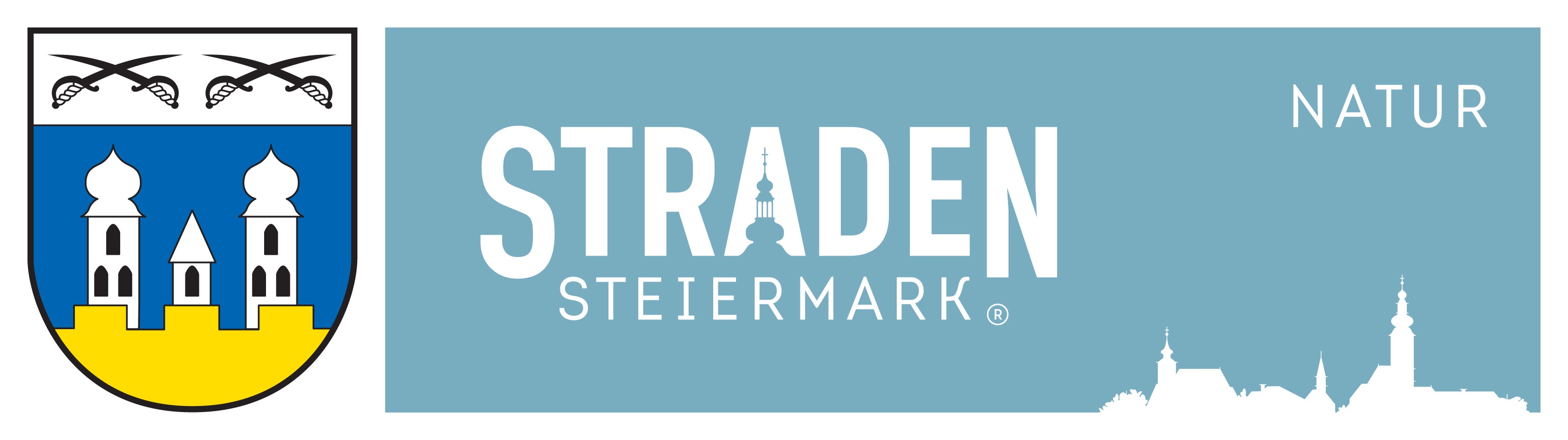 Das TRADE STEIERMARK Logo zeigt einen stilisierten Kirchturm mit einem Kreuz oben, vor einem blauen Hintergrund. Der Text 'TRADE' ist in fetten weißen Buchstaben, während 'STEIERMARK' in kleineren weißen Buchstaben darunter steht. Ein eingetragenes Warenzeichen-Symbol ist am Ende zu sehen.