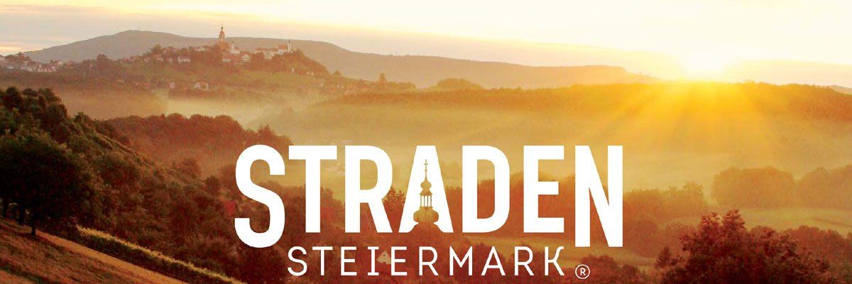Eine malerische Landschaft mit einem nebligen Horizont, Bergen und einer kleinen Stadt in der Ferne. Der Schriftzug 'STRADEN STEIERMARK' ist groß und weiß hervorgehoben.